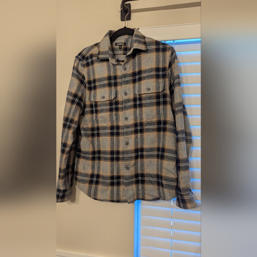 Express Navy and Beige Plaid Shirt